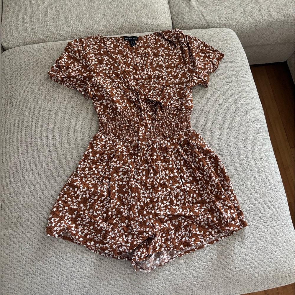 Brown and white floral romper